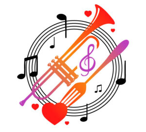 Colorful musical instruments and notes forming a vibrant heart-themed design.